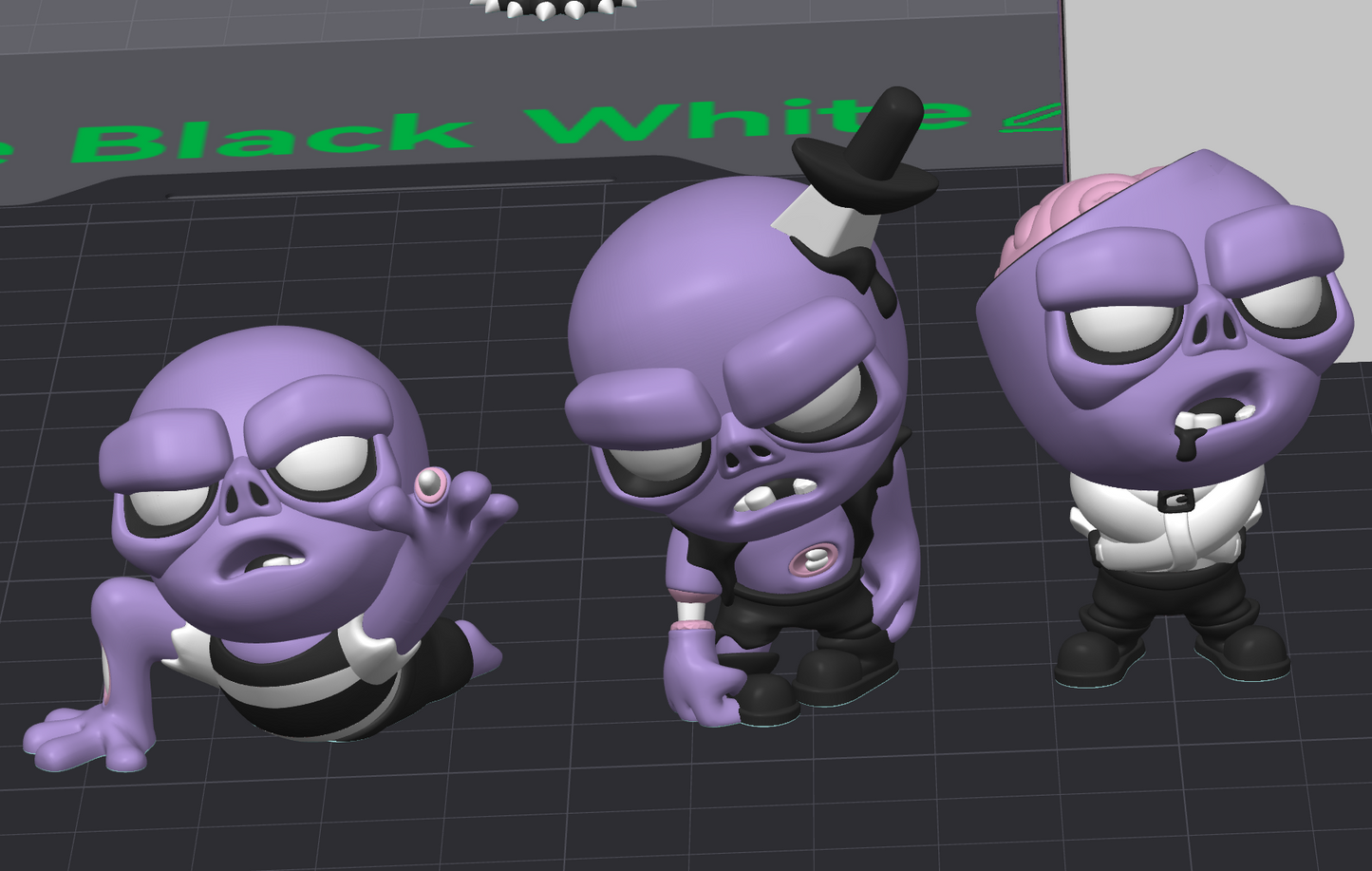 Three purple animated characters on a grid background with 'Black White & Grey' text.
