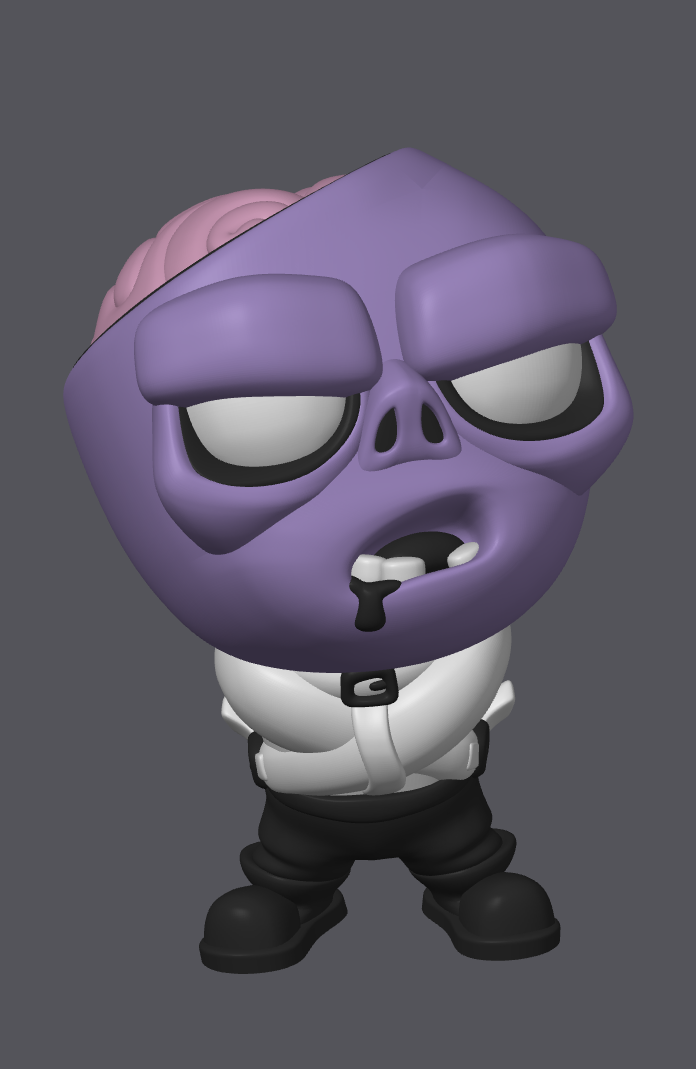 Character with a purple head and white outfit on a gray background