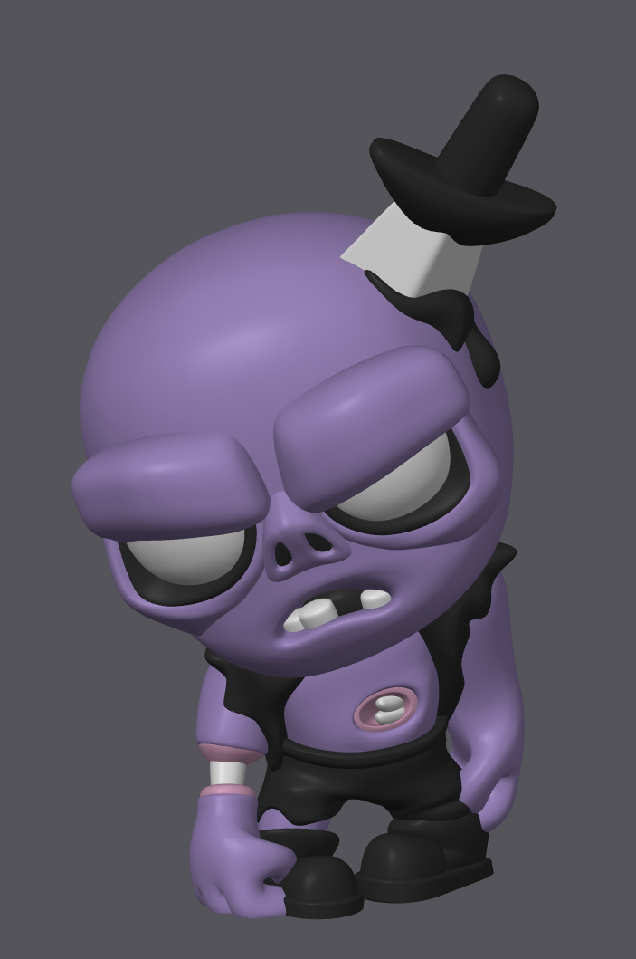 Purple zombie with a black sword in it's head on a gray background